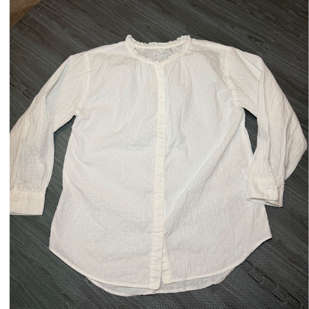 Zara White Swiss Dot Ruffle Collar Button Down Blouse Top Girls 11-12